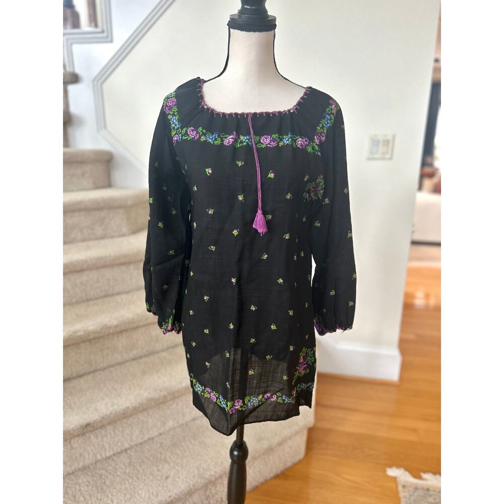 Vintage 60s 70s Lord & Taylor Black Blouson Purple Floral Mini Dress Cottage - Picture 1 of 6